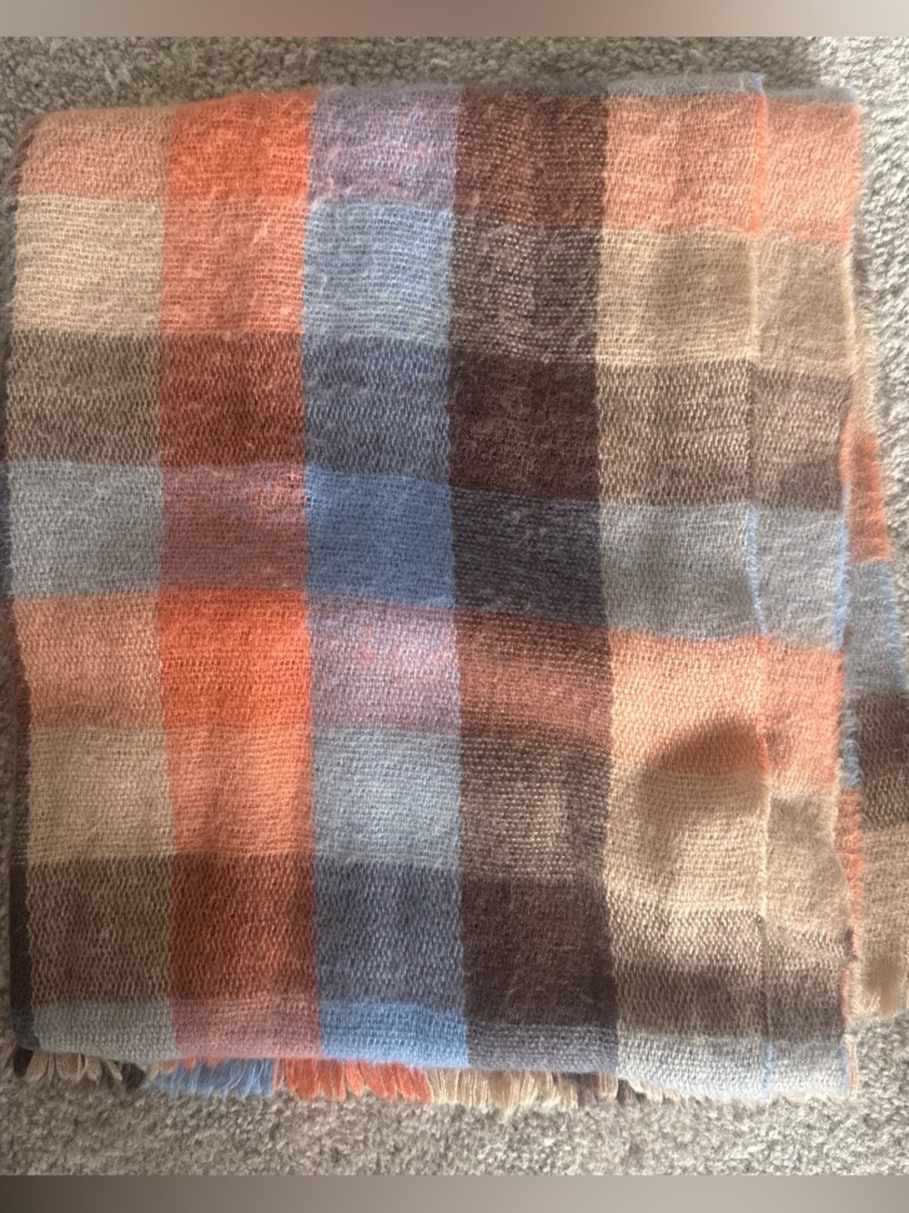 Plaid Cozy Scarf in Orange, Blue, and Brown